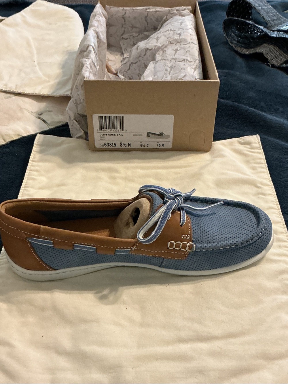 Clarks Light Blue and Brown Perforated Leather Boat Loafers